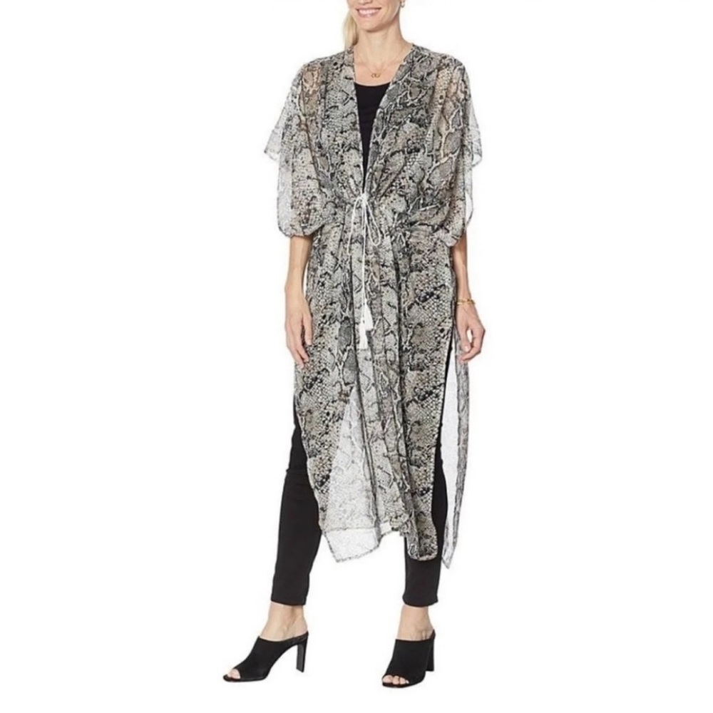 CARLOS Black Tan Snake-print Sheer Tassel Tie-Waist Kimono One Size NWT